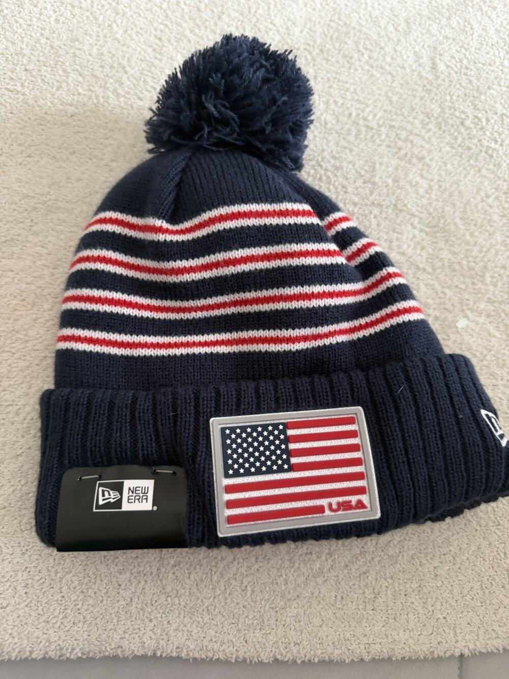 2025 Ryder Cup New Era USA Navy/Red Striped Winter Pom Beanie/Hat - New …7